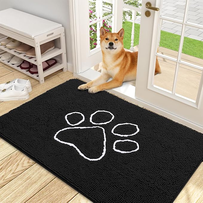 OLANLY Dog Door Mat for Muddy Paws 48x30, Paw Print Design, Absorbs Moisture and Dirt, Absorbent Non-Slip Washable Doormat, Quick Dry Chenille Mud Mat for Dogs, Entry Indoor Entryway Carpet, Black by OLANLY