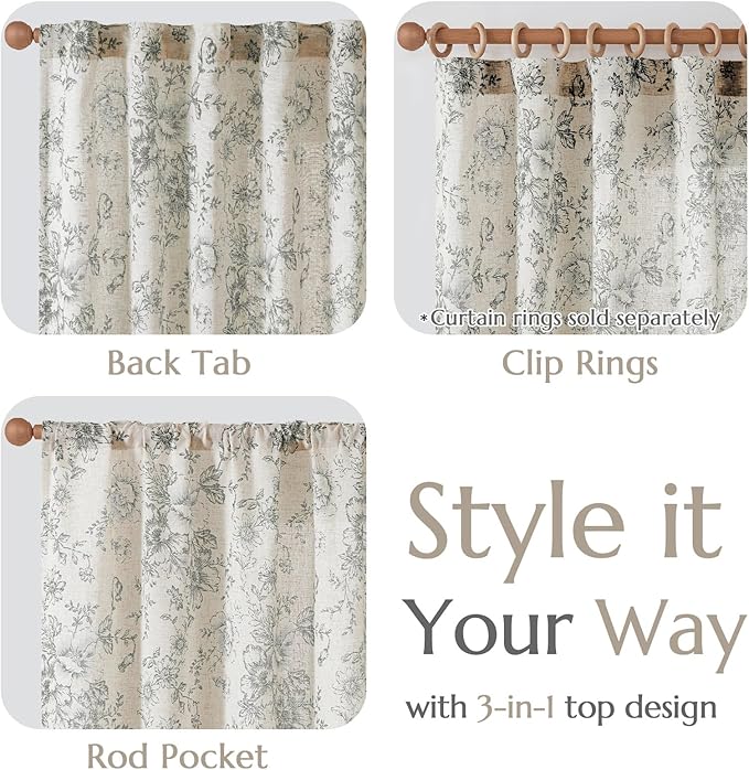jinchan Lined Linen Blend Curtain Floral Curtains for Living Room 84 Inches Long Grey Peony Flower Printed Curtain Back Tab Farmhouse Patterned Drapes Bedroom Window Curtains Set 2 Panels - Image 6