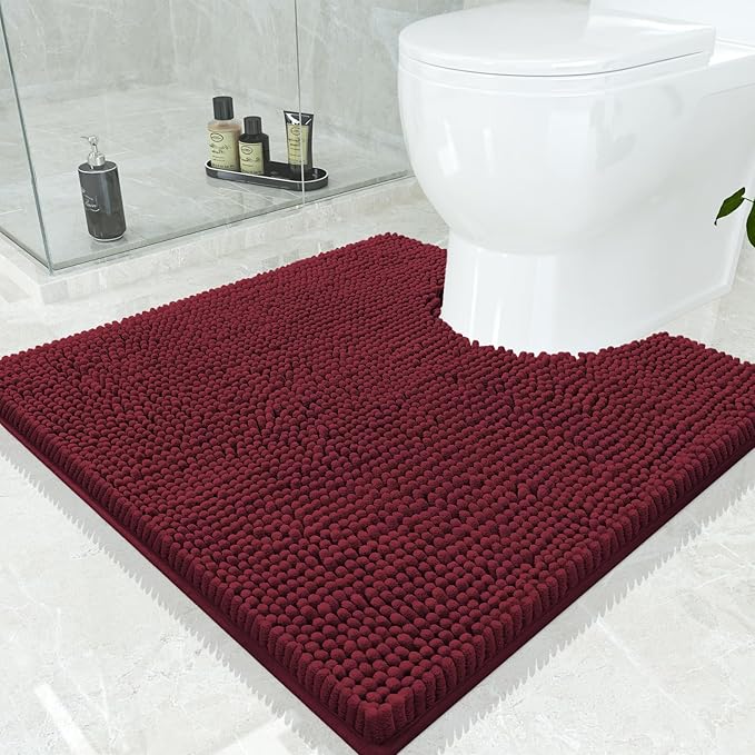 Smiry Luxury Chenille Toilet Rugs U-Shaped 24x24, Soft Absorbent Non-Slip Contour Bathroom Rugs for Toilet, Machine Washable Contoured Bath Mats, Burgundy by Smiry