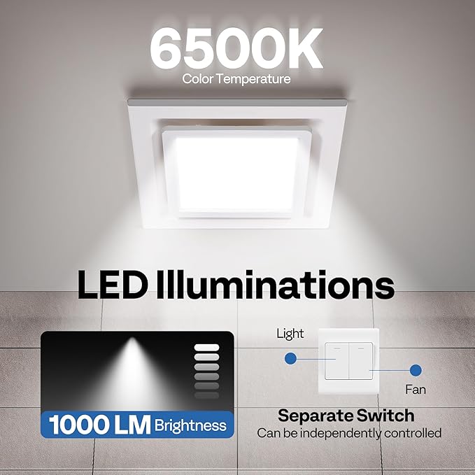 VIVOHOME Bathroom Exhaust Fan with Light, 165CFM Shower Ventilation Exhaust Fan with 6500K LED Light Combo,Ceiling Mount w/ 4" Duct Hose 1.5 Sones Square Fan, Cool White Light - Image 5