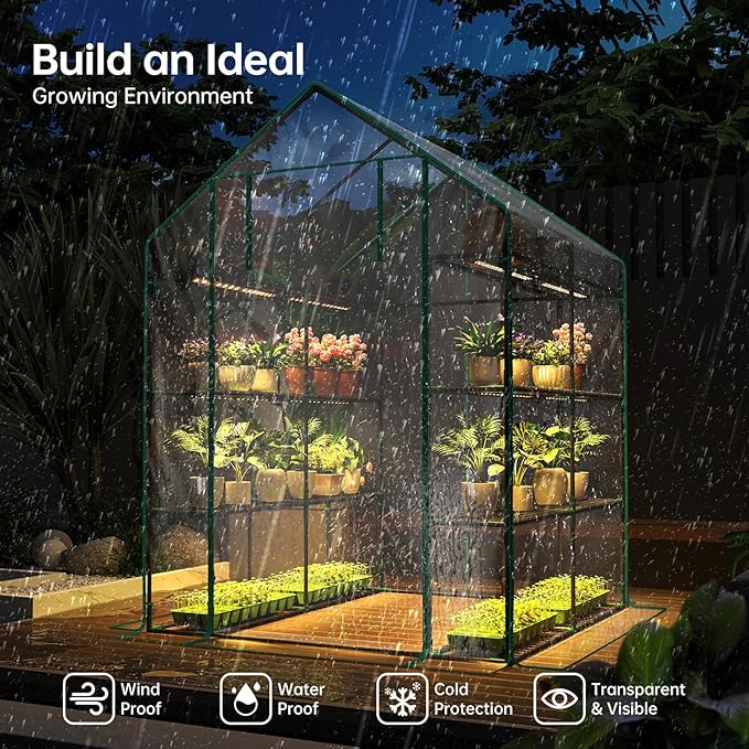 Bstrip Walk In Greenhouse, Indoor Greenhouse with Grow Lights, Mini Indoor Greenhouse with Roll-Up Zipper Entry Door and PVC Cover, Dimmable 2FT 120W Plant Light with Timer (56.3"W X 56.3"L X 76.8"H ) - Image 7