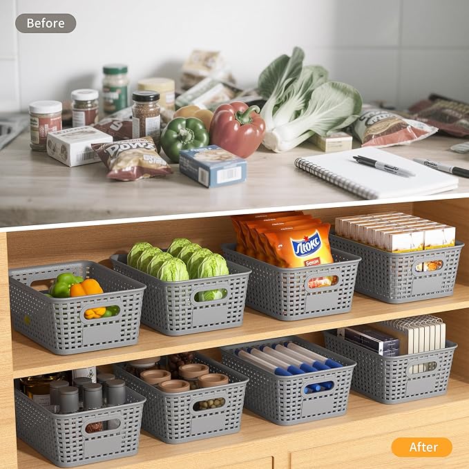 Gray Plastic Storage Baskets - Pack of 8 with Labels Stackable Durable Storage Bins, Storage Containers for Organizing Desks, Closets, Playrooms, Classrooms, Offices - Image 4