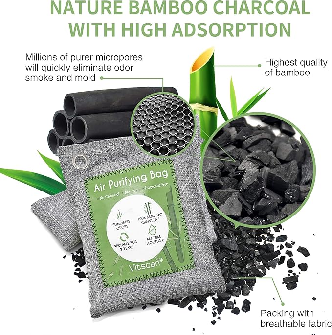 8 Pack Bamboo Charcoal Air Purifying Bag, Activated Charcoal Bags Odor Absorber, Moisture Absorber, Natural Car Air Freshener, Shoe Deodorizer, Odor Eliminators For Home, Pet, Closet, Car - Image 2