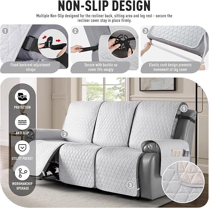 TAOCOCO 100% Waterproof Recliner Cover, Non-Slip Washable Reclining Couch Cover with Elastic Leg Straps, Furniture Protector for Dogs (Off White, 3 Seater) - Image 5