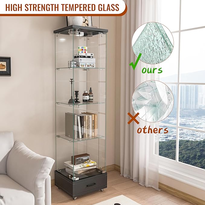Yoluckea 4 Tiers Glass Display Cabinet with LED Lighting and Drawer, 1 Door Floor Standing Curio Cabinet with Wheel for Home, Office, Corner Display, Black Glass Bookshelf for Collections and Decor - Image 5
