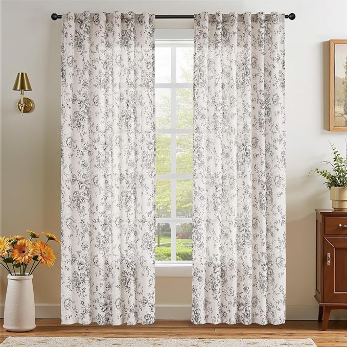 jinchan Linen Blend Curtain Floral Curtains for Living Room 84 Inch Length Farmhouse Curtain Rod Pocket Back Tab Black Printed Peony Flower Patterned Drapes Bedroom Window Curtains Set 2 Panels - Image 7