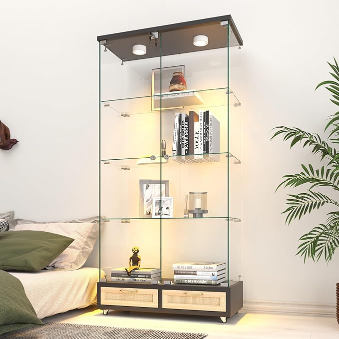 Yoluckea 4 Tier Glass Display Cabinet with LED Lighting and 2 Drawers, 2 Doors Floor Standing Curio Cabinet with Wheel for Home, Office, Corner Display, Black Glass Bookshelf for Collections and Decor by Yoluckea