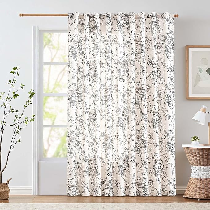 jinchan Linen Floral Curtains Extra Wide for Patio Sliding Glass Door Room Divider Curtain for Living Room 84 Inch Length Farmhouse Peony Black Printed Curtain Set 1 Panel by JINCHAN