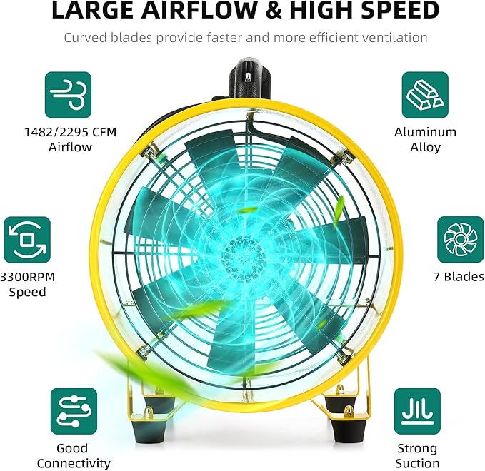 YITAHOME Utility Blower Fan 12 Inch, Two Speed Portable Exhaust Fan, Extractor Fan with GFCI Plug Automatic Power-off Protection, Ventilation Fans with 32FT Ducting for Paint Booth, Warehouse - Image 5