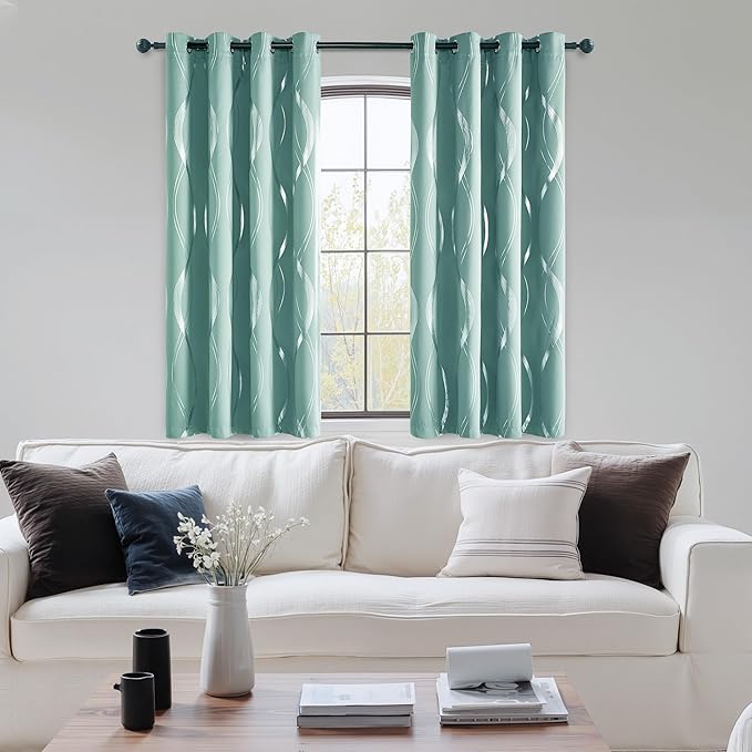 NICETOWN Aqua Blue Curtain Panels 63 inch Long for Dining Room and Patio, W52 x L63 inch, Wave Line Foil Print Design Pattern Drapes for Apartment Wall Decor, 2 Panels - Image 2