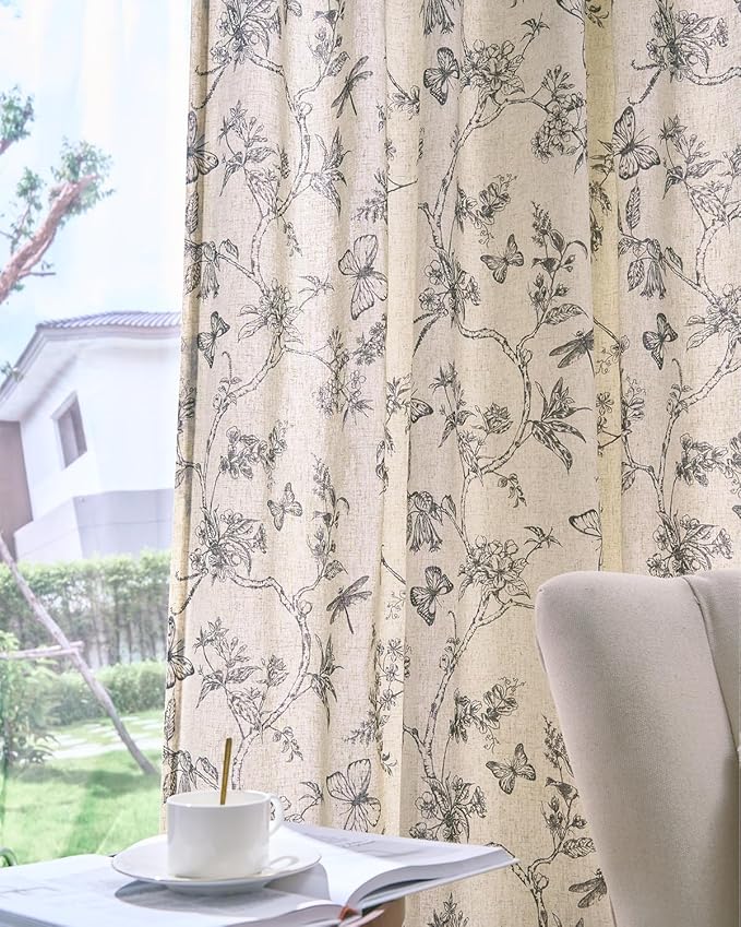 jinchan Floral Linen Curtains for Living Room 84 Inch Length Butterfly Curtain Black Floral Curtains French Country Farmhouse Curtain Flower Patterned Drapes Window Treatment Set 2 Panels - Image 2