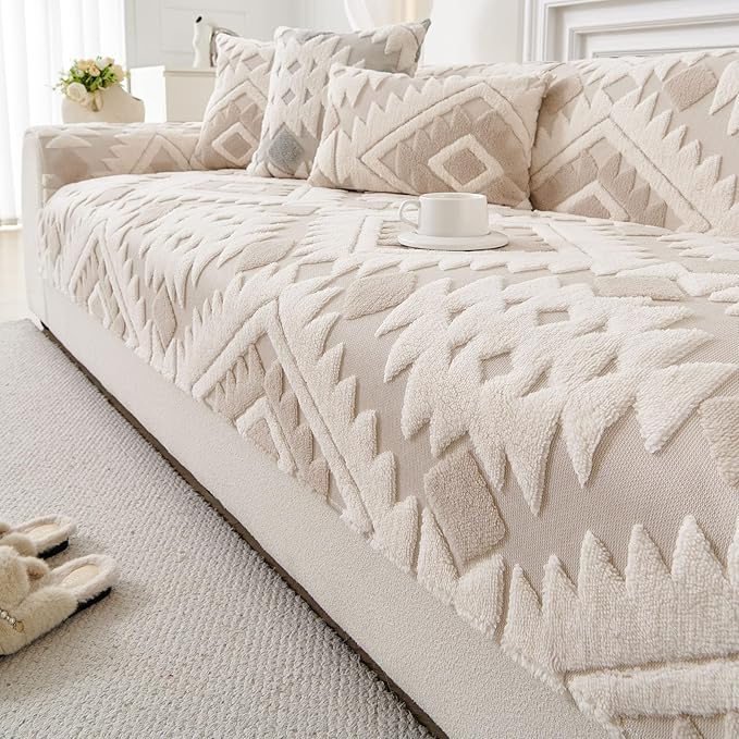 Boho Plush Couch Covers for Sofa Washable, Fuzzy Soft Couch Cover for Sectional Sofa, Non Slip Jacquard Sofa Cover Furniture Protector for Kids, Pets (Light Coffee,36"x47") by WelcometoXSlive