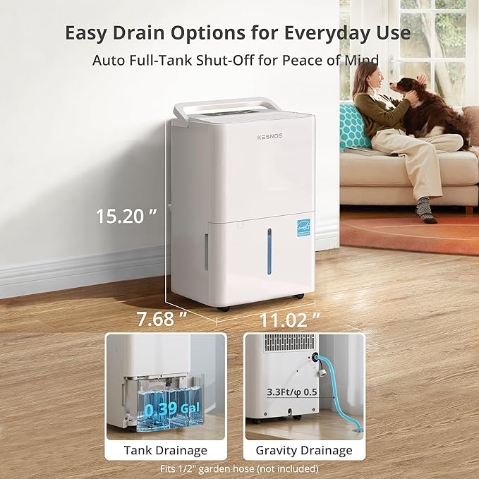 Kesnos 2,500 Sq. Ft. Energy Star 2025 Dehumidifier for Home & Basement, Ideal for Bedroom with Ultra Quiet 36 dB, 0.39-Gallon Water Tank with Drain Hose, 4 Pre-Set Modes, Auto Defrost, Timer - Image 7