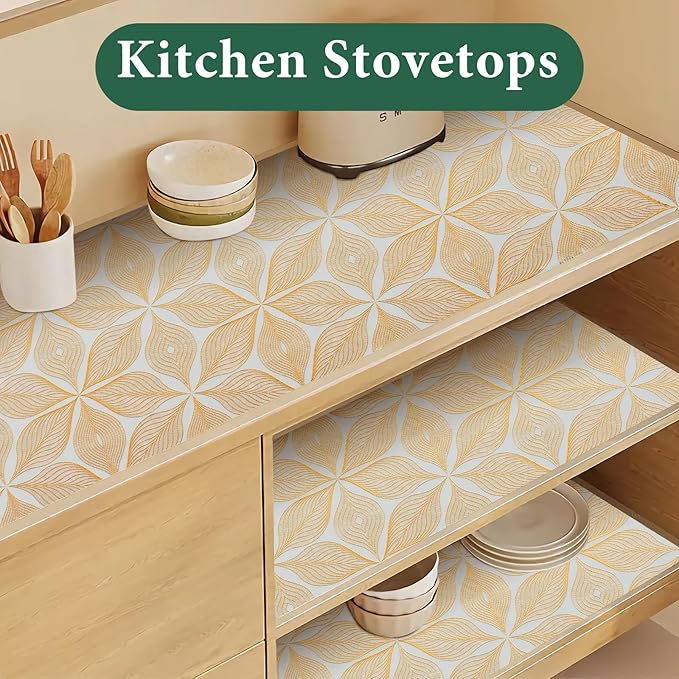 3D Drawer and Shelf Liner for Kitchen Cabinet: 17 in X 30 Ft Waterproof Shelf Paper Non Adhesive Refrigerator Liners Golden Leaf Easy Liners for Bathroom with Knife Tape Measure - Image 3