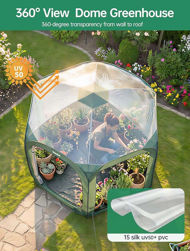 Porayhut Pop up Greenhouse Tent,Portable Large Walk-in Plant House 10’X10’ ,Indoor Outdoor Gardening Plant Sunshine Room with PVC Mesh Cloth Cover for Protecting Plant from Cold Frost & Birds - Image 4