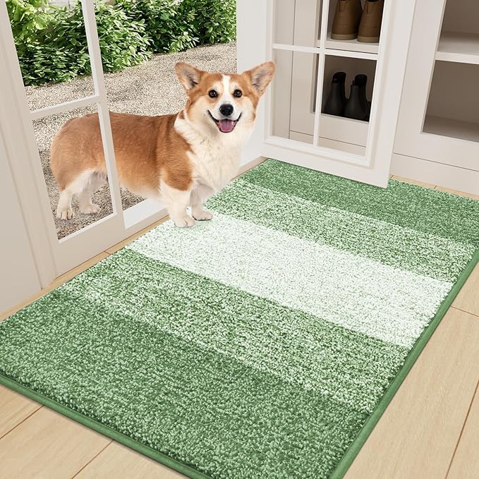 Smiry Dog Door Mat for Muddy Paws, Absorbs Moisture and Dirt, Low-Profile Entryway Mat with Non-Slip Backing, Entry Indoor Outdoor Doormat for Inside Floor (36x24 Inches, Sage Green, Striped) by Smiry