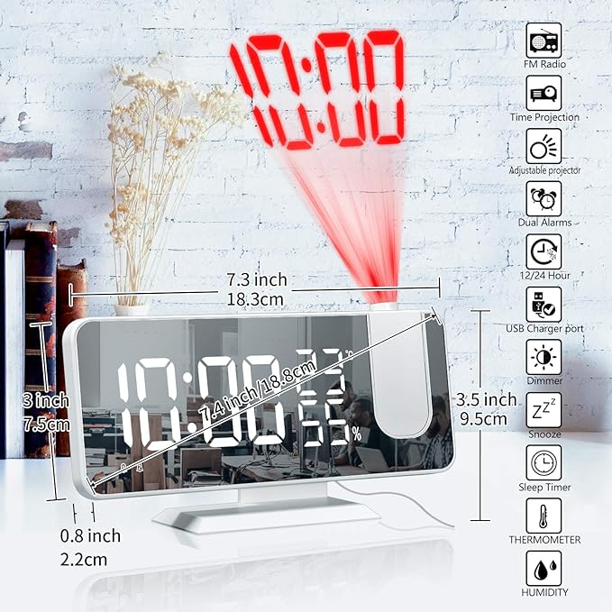 Projection Digital Alarm Clock for Bedrooms, Clock Radio on Ceiling, USB Charger Port, Temperature & Humidity Display, 7.3” Large Mirror LED Display,12/24H,Snooze,Dual Loud Alarm Clock- 4 Dimmer - Image 7
