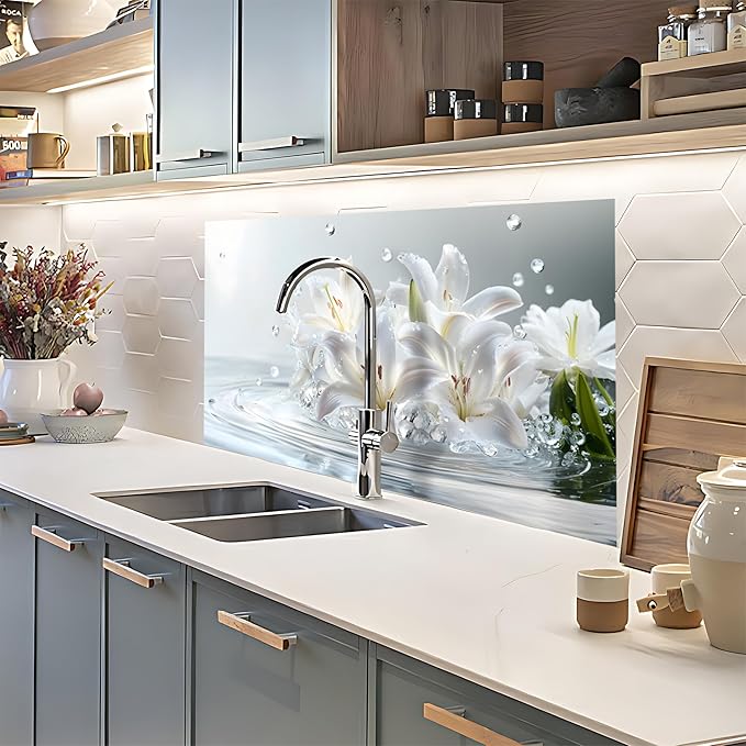 NYZE Kitchen Backsplash Stickers Waterproof Stove Backsplash Protector, 30 X 16 inch Removable Kitchen Wallpaper with Wall Art Decor for Stove Cooking Area(White Lily) - Image 7