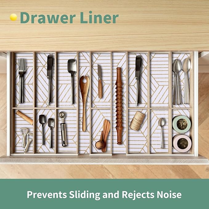 Shelf Liners for Kitchen Cabinets 17.5in x 30FT Non Adhesive Cabinet Liner Strong Non-Slip Thickened Gold Geometric Drawer Liner Easy to Clean for Shelf Cabinet with Knife and Tape Measure - Image 4