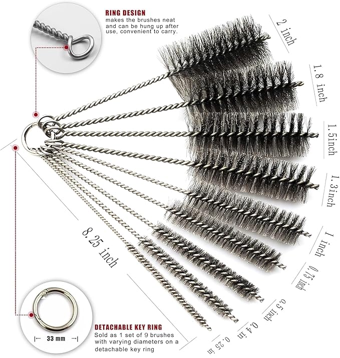 Pipe Cleaning Brush Set Stainless Steel Bristles, Stainless Steel Pipe Brush Steel Bottle Brush 9 Piece Variety Pack for Auto Parts, Bottles, Tubes, Etc. - Image 2