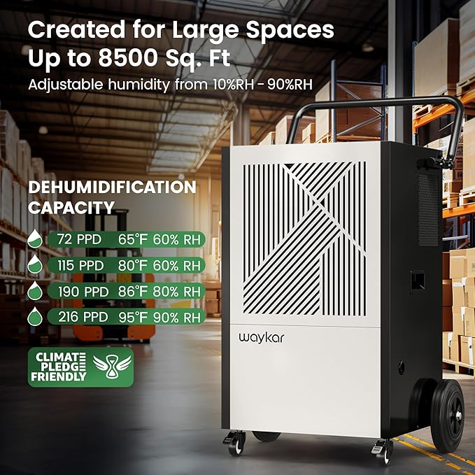 Waykar 216 Pints Commercial Dehumidifier with Pump, Drain Hose and Washable Filter Space up to 8500 Sq. Ft, for Basements, Industrial or Commercial Spaces and Flood Restoration - 5 Years Warranty - Image 3