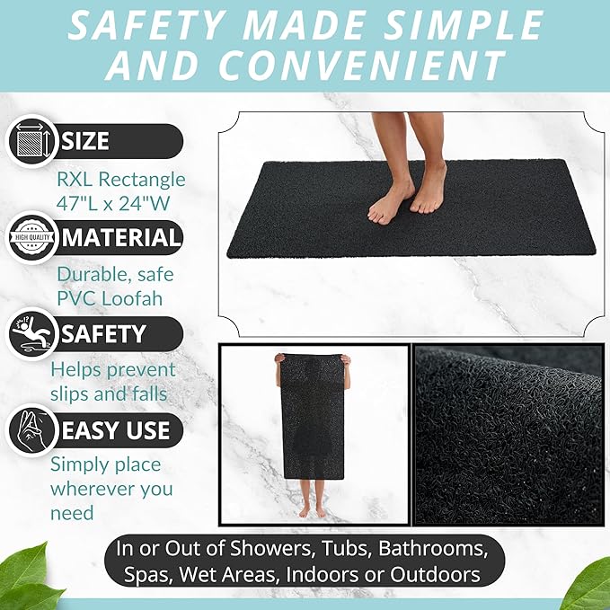 Soft Shower Mat Non Slip - PVC Loofah Inside or Outside Showers, Bathtubs, Bathrooms, and Wet Areas - Safe for Textured Tiled and Smooth Floor - No Suction Cups Secure Anti Slip (Black 24 x 47) - Image 3