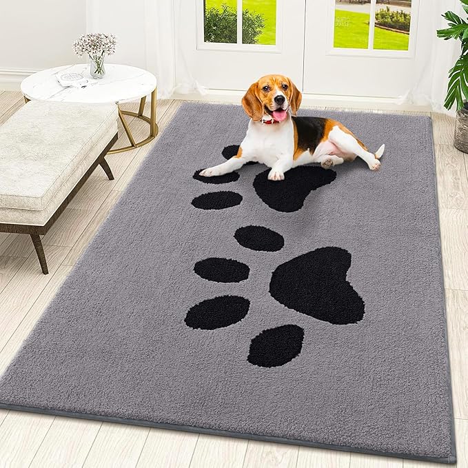Smiry Dog Door Mat for Muddy Paws, Absorbs Moisture and Dirt, Low-Profile Entryway Mat with Non-Slip Backing, Entry Indoor Outdoor Doormat for Inside Floor (48x32 Inches, Grey, Paw) by Smiry