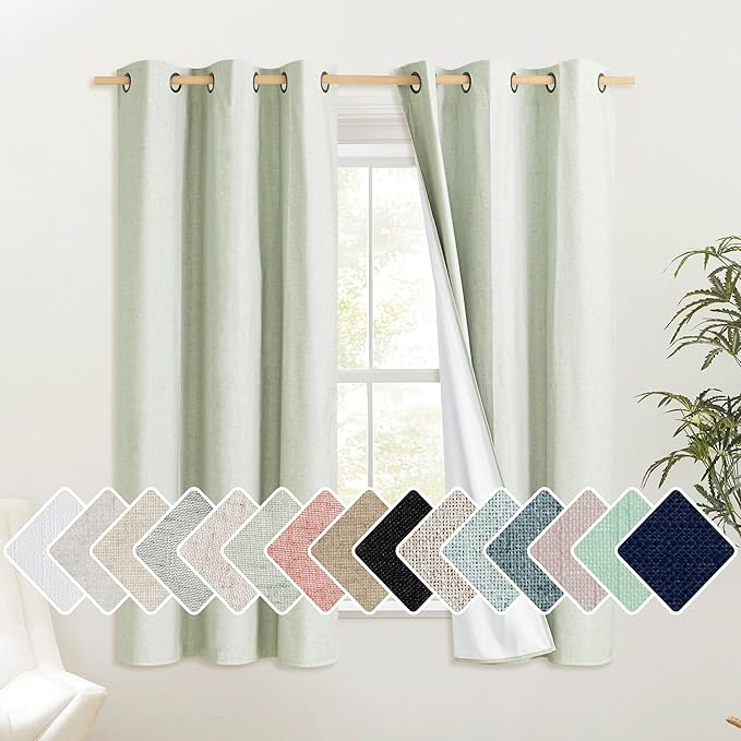 NICETOWN Sage Green Linen Blackout Cold Reducing Curtains for Night Shift, Great Job, Set of 2, 42" by 63", Short Kitchen Burlap Linen 100% Blackout Drapes with Bronze Grommets for Blocking Light by NICETOWN