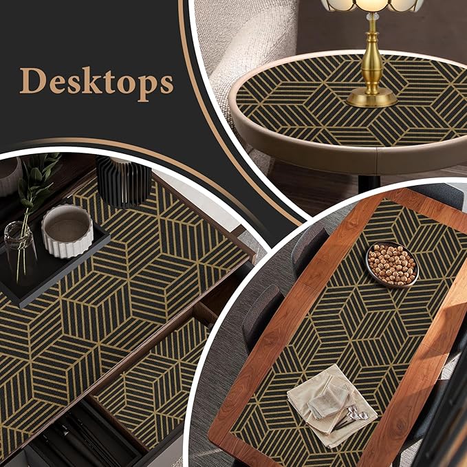 Shelf Liners for Kitchen Cabinets 17in x 20FT, Non Adhesive Cabinet Liner Strong Non-Slip Black Gold Geometric Drawer Liner, Easy to Clean for Shelf, Cabinet with Knife and Tape Measure - Image 8