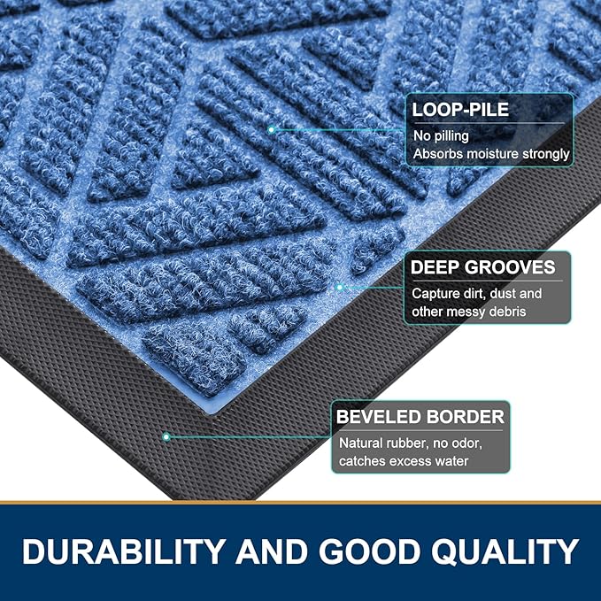 Smiry Front Door Mat Outside Entrance, Heavy Duty Sturdy Natural Rubber Doormat, Trap Dirt and Moisture, Easy Clean Low Profile Mats for Indoor Outdoor Entry, Grid Geometric (35x23, Blue) - Image 4