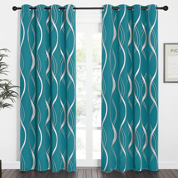 NICETOWN Room Darkening Curtains for Bedroom, Peacock Teal, 2 Panels, 52 x 84 inch, Noise Reducing Thermal Insulated Wave Line Foil Print Design Blackout Curtains for Storage Office Work Area - Image 2