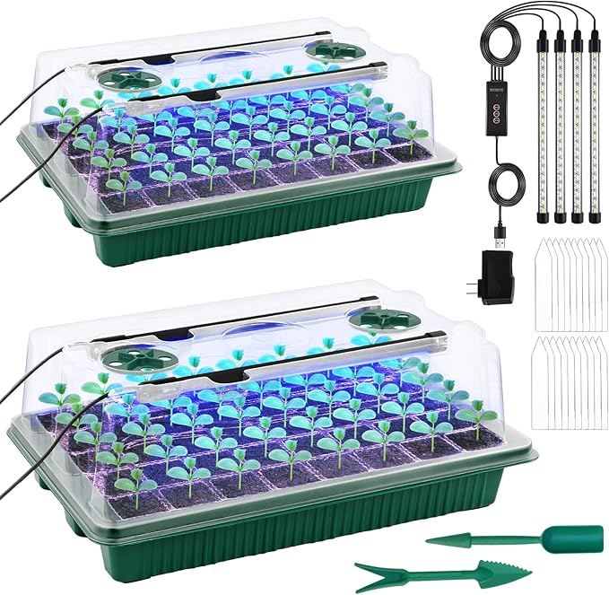 2 Packs Starter Tray with Grow Light, 80 Cells Seed Starter Kits with Humidity Dome and Base Plant Germination Seedling Starter Kit with Smart Timer for Indoor Greenhouse Wheatgrass Hydroponic by NEWTKITS