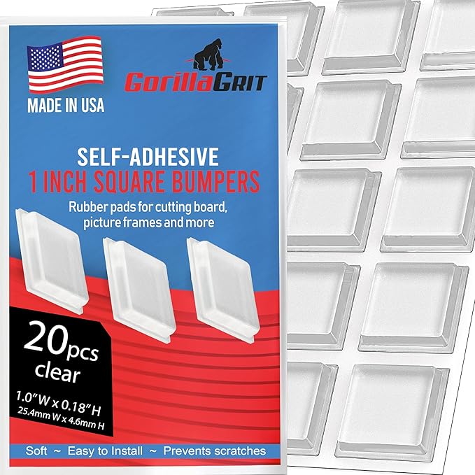 Clear Rubber Bumpers Large - Rubber Feet for Cutting Boards - Glass Table Top Bumpers, Picture Frame Spacers, Self Adhesive Furniture Pads - 1 Inch Square Self Stick Pads - 20 PCs by GorillaGritBumpers