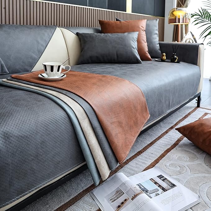 Faux Leather Waterproof Couch Sofa Cover Vintage PU Sectional Couch Cover Non Slip Sofa Slipcover Furniture Protector for Kids Dogs Cats (Gray,28"x47") - Image 5