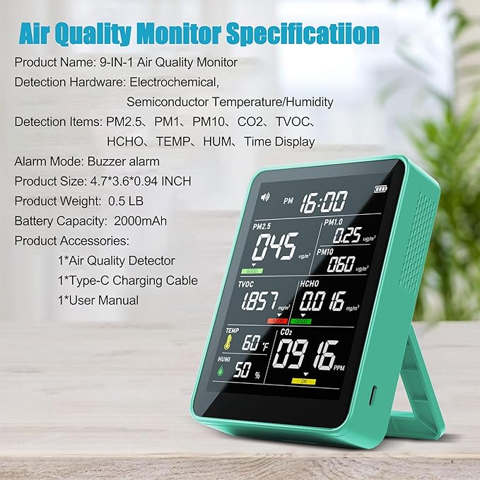 XOOPON 13-in-1 Indoor Air Quality Monitor with PM1.0/2.5/10, CO2, HCHO, TVOC, Temp, Humidity & Time, 4 Alarm Modes, Portable Air Quality Tester for Home, Office, Car, Wall-Mount or Desktop Use - Image 9