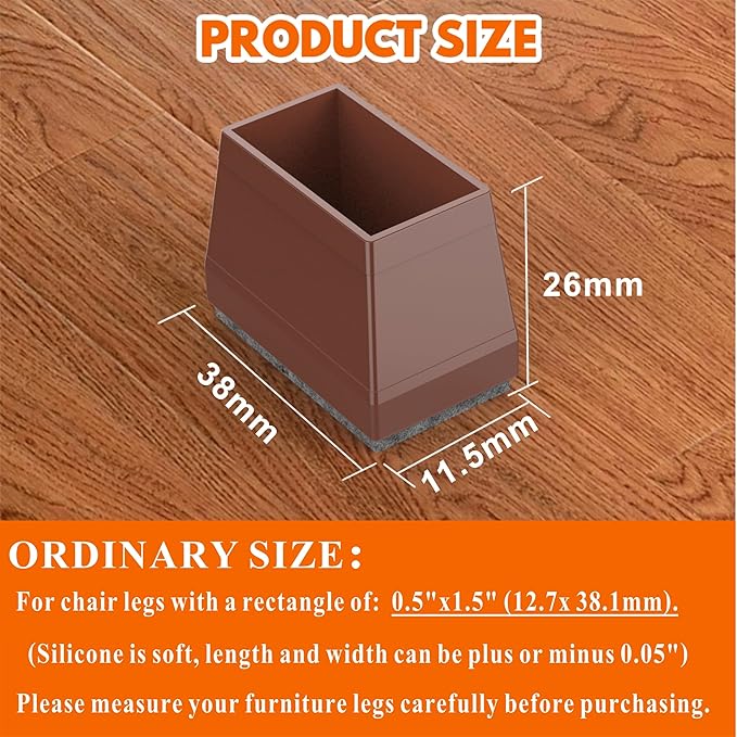 Rectangle Chair Leg Protectors for Hardwood Floors,16 PCS Silicone Covers to Protect Wood Tile Floors Felt Pads Furniture Leg Caps Reduce Noise. Easy to Move.(Brown,0.5 x 1.5 Inch,Rectangle) - Image 2
