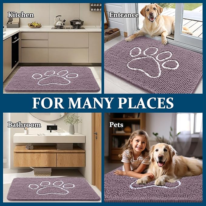 OLANLY Dog Door Mat for Muddy Paws 40x32, Paw Print Design, Absorbs Moisture and Dirt, Absorbent Non-Slip Washable Doormat, Quick Dry Chenille Mud Mat, Entry Indoor Entryway Carpet, Deep Plum - Image 8