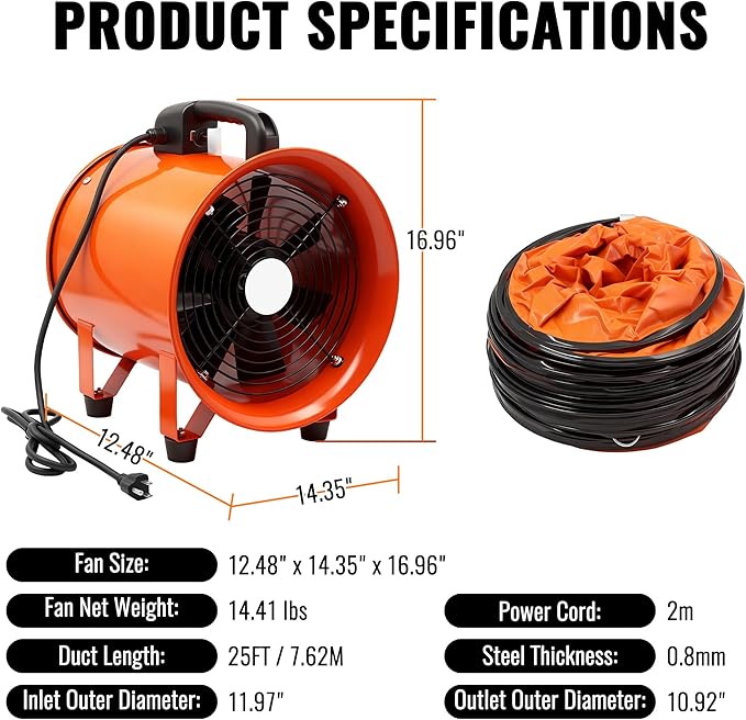 dreamdragon Upgraded 12-Inch Utility Blower Fan, Portable Industrial Exhaust Fan with 25ft Flexible Duct Hose, 3300 RPM Low-Noise Ventilator for Workshops Warehouses and Basements - Image 2