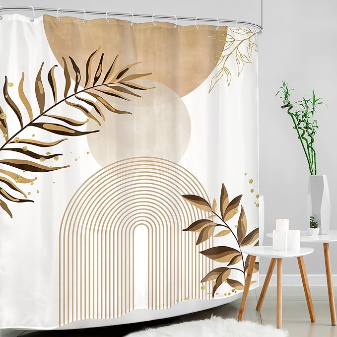 Beige Boho Shower Curtain 60Wx72H Bohemian Abstract Modern Mid Century Leaves Minimalist Contemporary Plant Cream Bathroom Decor Arch Simple Neutral Bath Curtain Fabric Polyester 12 Pack Hooks - Image 3