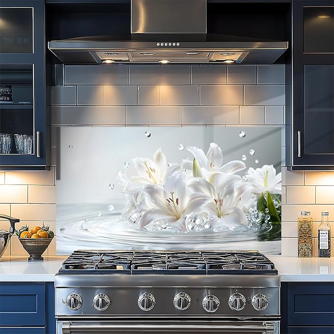 NYZE Kitchen Backsplash Stickers Waterproof Stove Backsplash Protector, 30 X 16 inch Removable Kitchen Wallpaper with Wall Art Decor for Stove Cooking Area(White Lily) by GIVEYOUTHEBEST