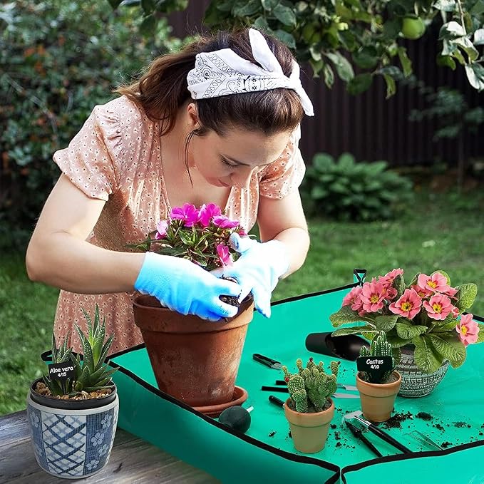 20pcs Small Gardening Tools Gifts for Women Beginners - Garden Hand Tools Set for Indoor Succulent Bonsai Plants Transplanting, Included 39.4" Plant Repotting Mat/Miniature Shovel/Labels, Green - Image 2