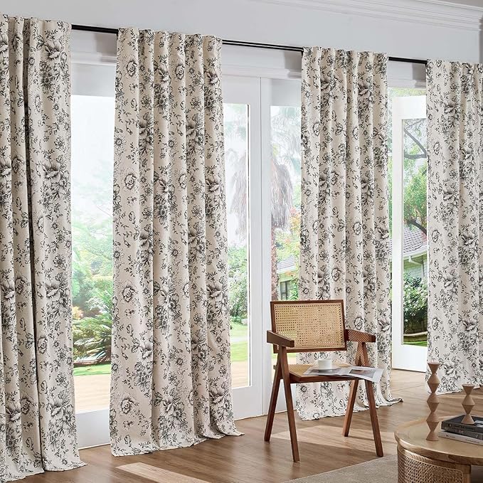 jinchan Blackout Linen Blend Curtain Floral Blackout Curtains for Living Room 63 Inch Length Black Printed with Lined Blackout Curtain for Bedroom Farmhouse Curtains Set 2 Panels - Image 7
