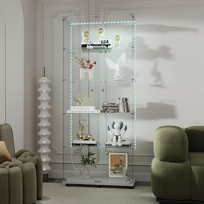 Yoluckea 5 Tiers Glass Display Cabinet with Bluetooth LED Light Strip, 2 Doors Floor Standing Curio Cabinet with Universal Wheel for Home Office Display,White Glass Bookshelf for Collections,Clear Top by Yoluckea