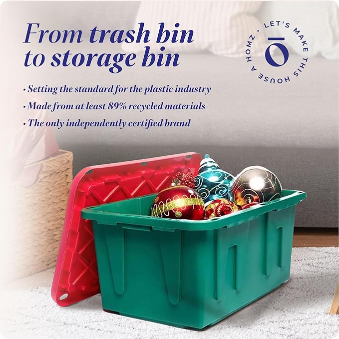 HOMZ 2-Pack Durabilt, Heavy Duty Plastic Storage Bins with Lids, 27 Gallon, Green/Red - Stackable Container Boxes for Holiday, Attic, and Garage Organization - Image 7