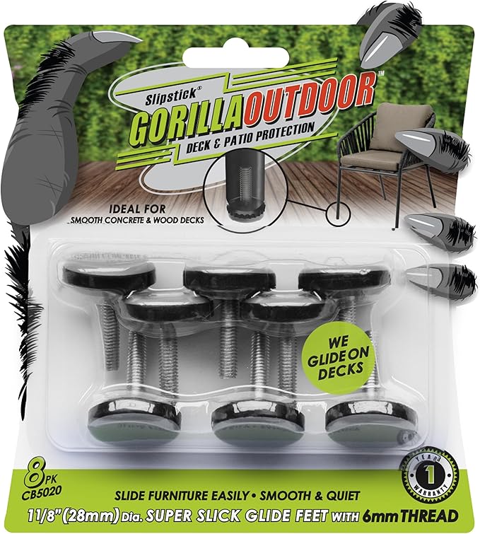 Slipstick Gorilla Outdoor Adjustable Furniture Levelers (8 Pack) Weatherproof Screw in Leg Glides for Chairs, Tables, and Outdoor Furniture Feet, 1-1/8 Inch Slider Glide, M6 Thread by Slipstick