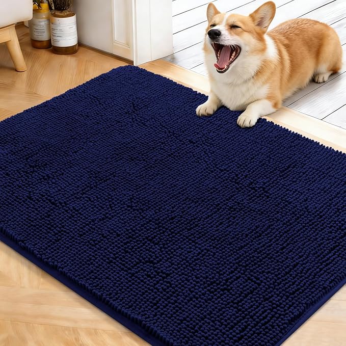 OLANLY Dog Door Mat for Muddy Paws 40x32, Absorbs Moisture and Dirt, Absorbent Non-Slip Washable Doormat, Quick Dry Chenille Mud Mat for Dogs, Entry Indoor Entryway Carpet for Inside Floor, Navy Blue by OLANLY
