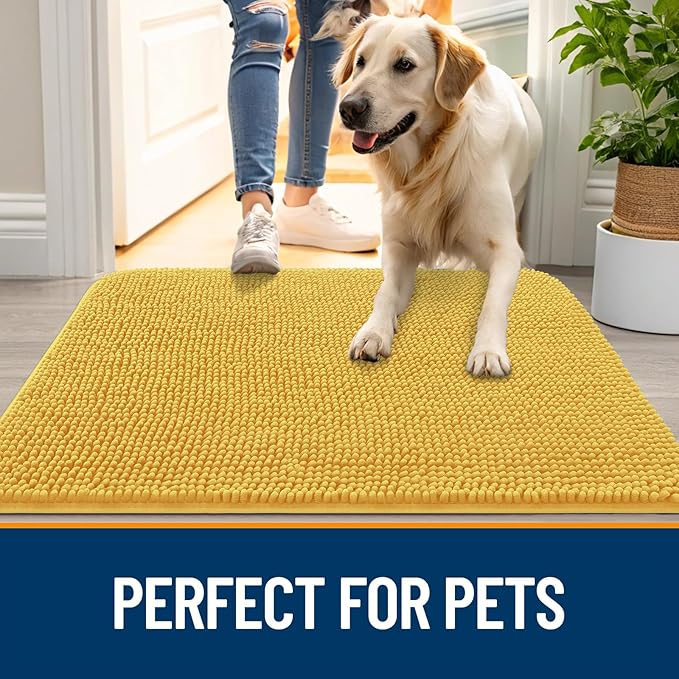 OLANLY Dog Door Mat for Muddy Paws 48x30, Absorbs Moisture and Dirt, Absorbent Non-Slip Washable Doormat, Quick Dry Chenille Mud Mat for Dogs, Entry Indoor Entryway Carpet for Inside Floor, Yellow - Image 6