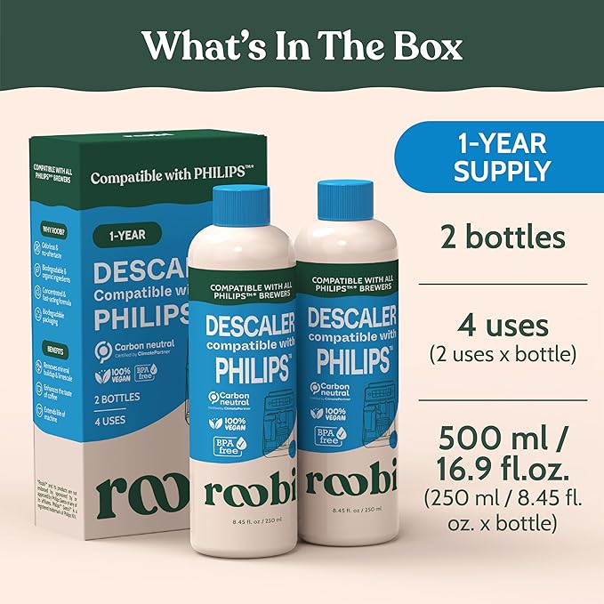 Roobi Philips Compatible Descaling Solution & Cleaner. Specially Formulated for Philips Espresso Machines. Carbon Neutral Descaler Kit. 2 Uses per Bottle, 2 Pack - Image 4