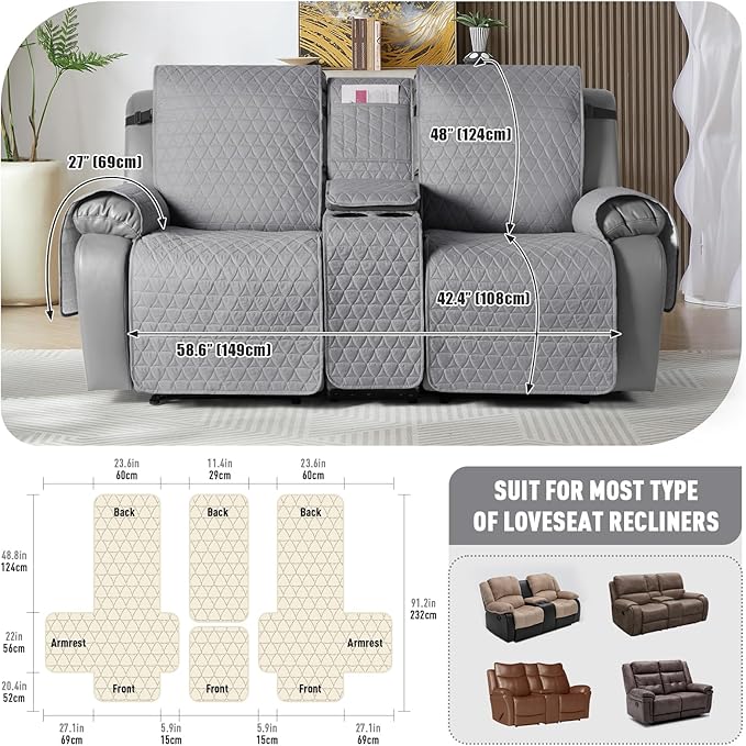 TAOCOCO 100% Waterproof Loveseat Recliner Couch Sofa Covers with Console,Double Reclining Couch Cover Non-Slip Sofa Slipcovers Washable,Furniture Protector Covers for Kids,Pets(2 Seater,Light Gray) - Image 3