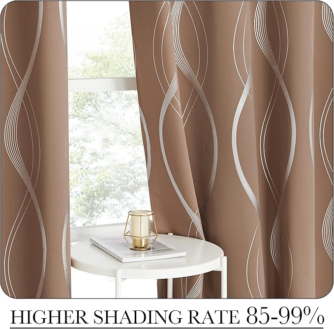 NICETOWN Blackout Curtains Panels for Bedroom - Microfiber Noise Reducing Thermal Insulated Wave Line Foil Print Design Drapes for Patio Sliding Glass Door (Cappuccino, 2 Panels, 52 x 72 Inch) - Image 4